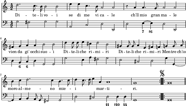 { \override Score.Rest #'style = #'classical << \new Staff { \time 4/2 \relative d'' { \repeat volta 2 { \autoBeamOff d2. c8. b16 b2 b | e4 e c4. b8 a2 a |
  r4 a4 a4. g8 a2 a | fis4 g a a b2 b | 
  d4 d8 d e4 cis d2 b | gis4 gis8 gis a4 e fis f g g8 a |
  b4 c d2. c4 b4. c8 | d4 c8. d16 e4 a, a1 | g s } \mark \markup { \musicglyph #"scripts.segno" } \repeat volta 2 { g\breve \bar "||" } } }
\addlyrics { Di -- te -- li vo -- i se di me vi ca -- le ch'll mio gran ma -- le vien da gi' occhi suo -- i Di -- te -- li che ri -- mi -- ri Di -- te -- li che ri -- mi -- ri Men -- tre ch'io moro al -- me -- no mie -- _ i _ _ _ mar -- ti -- ri. }
\new Staff { \clef bass \relative g { \autoBeamOff g2 fis g g | a, c d d, |
  d' e4 ~ e d2 d, | d'4 b c d g,2 g |
  g' e4 a fis2 g | e cis d g4 g, ~ |
  g a b a8 g fis2 g | d' cis d d4 d | g,1 s g\breve } }
\figures { <_>\breve <_> <_>2 <7>4 <6+> <_>1 <_>4 <6> <6> <_> <_>1 <_>\breve <_> <_> <_>1 <11>2 <10+>4 <14> }
>> }