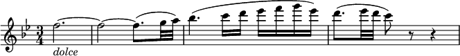 {\ relatív f '' {\ kulcs bes \ major \ time 3/4 f2. ~ _ \ markup {\ italic "dolce"} |  f2 ~ f8. (g32 a) |  bes4. (c16 d es fg es) |  d8. (es32 d c8) r r4}}