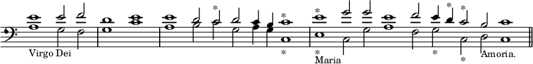 { \override Score.TimeSignature #'stencil = ##f \clef bass \cadenzaOn \relative e' << { e1 e2 f \bar "|" d1 e \bar "|" e d2 c^"*" d c4 b c1^"*" \bar "|" e^"*" g2 g e1 f2 e4 d^"*" c2^"*" b c1 \bar "||" } \\ { a1_\markup { \smaller "Virgo Dei" } g2 f g1 c a b2 c g a4 g c,1_"*" e_"*" _\markup { \smaller Maria } c2 g' a1 f2 g_"*" c,_"*" d_\markup { \smaller Amoria. } c1 } >> }