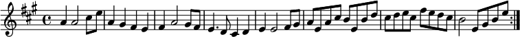 { \time 4/4 \key a \major \relative a' { \repeat volta 2 { a4 a2 cis8 e a,4 gis fis e fis a2 gis8 fis | e4. d8 cis4 d e e2 fis8 gis | a e a cis b e, b' d | cis d e cis fis e d cis | b2 e,8 gis b e } } }