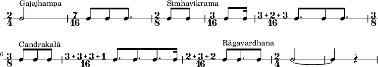 
 { \new RhythmicStaff \time2/4 c2^"Gajajhampa" | \time7/16 [ c8 c8 c8.] | \time2/8 [ c8^"Simhavikrama" c8 ] | \time3/16 [ c8 c16 ] | \compoundMeter #'(3 2 3 16) [ c8. c8 c8. ] |\break
 \time3/8 [ c8^"Candrakalâ" c8 c8 ] | \compoundMeter #'(3 3 3 1 16) [ c8. c8. c8. c16 ] | \compoundMeter #'(2 3 2 16) [ c8^"Râgavardhana" c8. c8 ] \time2/4 c2~c4 r4 | }
