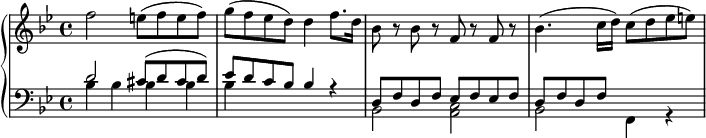 \version "2.18.2"\header {  tagline = ##f}upper = \relative c'' {  \clef treble   \key bes \major  \time 4/4  \tempo 4 = 75  %\override TupletBracket.bracket-visibility = ##f   %%Mozart — Concerto 20 mvt 2, th. 1   f2 e8( f e f) g( f ees d) d4 f8. d16 bes8 r8 bes8 r8 f8 r8 f r8 bes4.( c16 d) c8( d ees e)}lower = \relative c {  \clef bass  \key bes \major  \time 4/4   << { d'2 cis8( d cis d) ees d c bes bes4 r4 } \\ { bes4 bes bes bes bes } >>   << { d,8 f d f ees f ees f d f d f } \\ { bes,2 < c a >2 bes f4 r4 } >>}\score {  \new PianoStaff <<    \new Staff = "upper" \upper    \new Staff = "lower" \lower  >>  \layout {    \context {      \Score      \remove "Metronome_mark_engraver"    }  }  \midi { }}