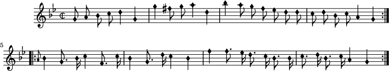 
music = {
    \language "english"
    {
        { \new PianoStaff <<
            { \new Staff <<
                \set Staff.midiInstrument = "violin"
                \relative c'' {
                    \autoBeamOff
                    \set Score.tempoHideNote = ##t \tempo 8 = 260
                    \clef "petrucci-b1"
                    \override Staff.TimeSignature.style = #'neomensural
                    \override NoteHead.style = #'petrucci 
                    \key g \minor
                    \time 2/2
                    
                    \repeat volta 2 {
                        g8 a bf c d4 g,4 |
                        g' fs8 g a4 d, |
                        bf' a8 g f ef d d |
                        c d bf c a4 g |
                    }
                    \repeat volta 2 {
                        \grace{a8} bf4 g8. bf16 c4 f,8. c'16 |
                        bf4 g8. d'16 c4 bf4 |
                        f'4 f8. ef16 d8. c16 bf8. bf16 |
                        c8. d16 bf8. c16 a4 g
                    }
                }
            >> }
        >> }
    }
}
\header {
    tagline = "" % no footer
}
\score {
  \music
  \layout { }
}
\score {
  \unfoldRepeats {
    \music
  }
  \midi { }
}
