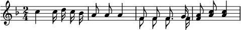 
    \relative c'' { 
    \key f \major \time 2/4
    \numericTimeSignature
    \autoBeamOff
    c4 c16 d c bes
    a8 a a4
    <<
      {
        \voiceOne
        f8 f8 f8. g16
      }
      \new Voice {
        \voiceTwo \autoBeamOff
        f8 f8 f8. f16
      }
    >>
    <f a>8 <a c> <a c>4
	}
