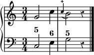 
\new PianoStaff <<
  \new Staff = "right"
  \relative c'' {
    \override Rest #'style = #'classical
    \time 3/4
    g2 c4 \appoggiatura c-+ b2 r4
    \bar "|."
  }
  \new Staff = "left"
  \figuremode {
    <5>2<6>4<5>2 s4
    \bar "|."
  }
  \context Staff = "left"
  \relative c {
    \override Rest #'style = #'classical
    \clef bass
    \time 3/4
    c2 e4 g2 r4
    \bar "|."
  }
>>
