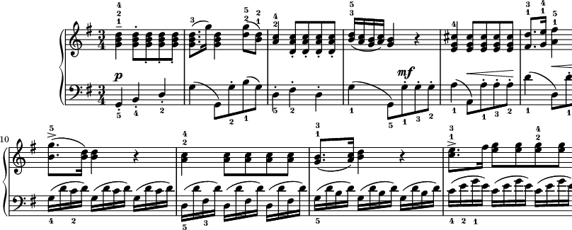 
\paper { #(set-paper-size "a2") oddHeaderMarkup = \evenHeaderMarkup }
\header { tagline = ##f }
\version "2.18.2"
\score {
\midi {  }
\layout { line-width = #300
indent = 2\cm}
\new PianoStaff <<
\new Staff = "up" { \clef "violin" \key g \major \time 3/4 \relative g' {
<g b d>4---1-2-4 <g b d>8-.[<g b d>_. <g b d>_. <g b d>_.] | <g b d>8.-3([g'16]) <g, b d>4 <d' g>8-2-5([<b d>-1-2]) | \stemUp <a c>4-2-4 <d, a' c>8-.[<d a' c>-. <d a' c>-. <d a' c>-.] | <b' d>16-3-5([<a c> <g b> <a c>]) <g b>4 r | <e g cis>-4 <e g cis>8[<e g cis> <e g cis> <e g cis>] | <fis d'>8.-1-3[<g e'>16-1-4] \stemNeutral <a fis'>4-1-5 r8 <a fis'>8-1-4 | 
<b g'>8.-2-5([<g e'>16-1-4]) <fis d'>4-2-5 <e g cis>-4 | <fis d'> r r \bar ":|.|:" <a d fis>-4 <a d fis>8[<a d fis> <a d fis> <a d fis>] | <b g'>8.^>-5([<b d>16]) <b d>4 r | <a c>-2-4 <a c>8[<a c> <a c> <a c>] | 
<g b>8.-1-3([<a c>16]) <b d>4 r | <c e>8.^>-1-3[fis16] <e g>8[<e g> <e g>-2-4 <e g>] | <d g>8.-1-3([<fis a>16]) <g b>4 r8 <d b'>-1-4 | <e c'>8.-2-5([<c a'>16-4]) <b g'>4-2-5 <a fis'>-1-4 | <b g'> r r \bar ":|."
} }
\new Staff = "down" { \clef "bass" \key g \major \time 3/4 \relative a, {
g4-._5^\p b-._4 \stemUp d-._2 | \stemNeutral g(g,8)[g'-._2 b_1(g)] | d4-._5 fis-._2 d-. | \stemDown g_1(g,8_5)[g'-._1^\mf g-._3 g-._2] | a4_1(a,8)^\<[a'-._1 a-._3 a-._2] \! | d4_1(d,8)^\<[d'-._1 d-._2 d-._1] | 
g,4_3^\> a_1\! \stemUp a,_5 | d-._1^\p a-._2 e-. \stemNeutral | d'16_5(^\f [d' c d]) d,([d' c d]) d,([d' c d]) | g,_4([d' c_2 d]) g,([d' c d]) g,([d' c d]) | d,_5([d' fis,_3  d']) d,([d' fis, d']) d,([d' fis, d']) | g,_5([d' b d]) g,([d' b d]) g,([d' b d]) | c_4([e_2 g_1 e]) c([e g e]) c([e g e]) | b_5([d_2 g_1 a,_4]) g_5([b_3 d b]) g_5([b_4 d_2 g_1]) | c,4-._3^\> d-._1\! d,-. | g-._1 d-._2 g,-. |
} }
>> }