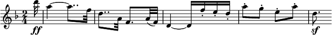 
\relative c''' {
 \set Staff.midiInstrument = #"violin"
  \set Score.tempoHideNote = ##t \tempo 4 = 88
  \key d \minor
  \time 2/4
  \set Score.currentBarNumber = #17
  
  \partial 32 d32\ff
  a4~ a8.. f32
  d8.. a32 f8. a32( f)
  d4~ d16 f'-. e-. d-.
  a'8-. g-. e-. a-.
  d,8.\sf
}
