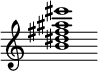 {
  % Rivin lopun pystyviiva ja tahtiosoitus piiloon.
  \override Score.BarLine.break-visibility = ##(#f #t #t)
  \override Staff.TimeSignature #'stencil = ##f
  
  <b' dis'' fis'' ais'' eis'''>1
}
