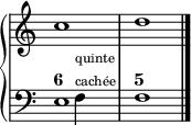 
\new PianoStaff <<
  \new Staff = "right"
  {
    \relative c'' {
      \override Staff.TimeSignature #'stencil = ##f
      c1
      d
    }
  }
  \new Staff = "left"
  \figuremode {
    <6>1
    <5>
    \bar "|."
  }
  \context Staff = "left"
  \relative c {
    \clef bass
    \override Staff.TimeSignature #'stencil = ##f
    <<e1\\{s2 f4^\markup{\tiny \center-column {quinte cachée} } s}>>
    f1
  }
>>
