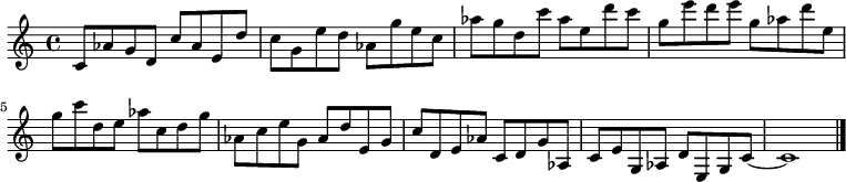 
{

\modalTranspose c c' { c d e g aes } { c8 aes g } 
\modalTranspose c d' { c d e g aes } { c aes g } 
\modalTranspose c e' { c d e g aes } { c aes g } 
\modalTranspose c g' { c d e g aes } { c aes g } 
\modalTranspose c aes' { c d e g aes } { c aes g } 
\modalTranspose c c'' { c d e g aes } { c aes g } 
\modalTranspose c d'' { c d e g aes } { c aes g } 
\modalTranspose c e'' { c d e g aes } { c aes g } 
\modalTranspose c g'' { c d e g aes } { c aes g } 

\modalInversion c e''' { c d e g aes } { c aes g } 
\modalInversion c d''' { c d e g aes } { c aes g } 
\modalInversion c c''' { c d e g aes } { c aes g } 
\modalInversion c aes'' { c d e g aes } { c aes g } 
\modalInversion c g'' { c d e g aes } { c aes g } 
\modalInversion c e'' { c d e g aes } { c aes g } 
\modalInversion c d'' { c d e g aes } { c aes g } 
\modalInversion c c'' { c d e g aes } { c aes g } 
\modalInversion c aes' { c d e g aes } { c aes g } 
\modalInversion c g' { c d e g aes } { c aes g } 
\modalInversion c e' { c d e g aes } { c aes g } 
\modalInversion c d' { c d e g aes } { c aes g } 

c'~ c'1

\bar "|."
}
