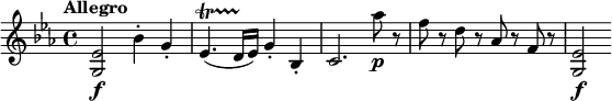 
\relative c' {
  \key es \major
  \tempo "Allegro"
 <g es'>2\f bes'4-. g-. es4.\startTrillSpan( d16\stopTrillSpan es) g4-. bes,-. c2. as''8\p r f r d r as r f r <g, es'>2\f
}
