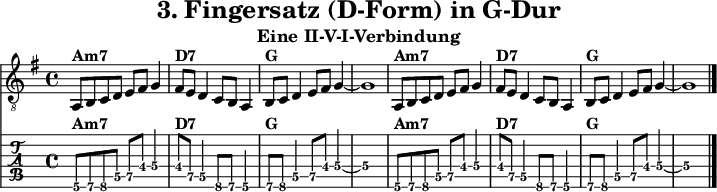 
\version "2.20.0"
\header {
  title="3. Fingersatz (D-Form) in G-Dur"
  subtitle="Eine II-V-I-Verbindung"
}
%% Diskant- bzw. Melodiesaiten
Diskant = \relative c {
  \set TabStaff.minimumFret = #4
  \set TabStaff.restrainOpenStrings = ##t
  \key g \major
  
  a8^\markup { \bold {Am7} } b c d e fis g4 |
  fis8^\markup { \bold {D7} } e d4 c8 b a4 |
  b8^\markup { \bold {G} } c d4 e8 fis  g4~| g1 |
  a,8^\markup { \bold {Am7} } b c d e fis g4 |
  fis8^\markup { \bold {D7} } e d4 c8 b a4 |
  b8^\markup { \bold {G} } c d4 e8 fis g4~| g1 |
  \bar "|."
}

%% Layout- bzw. Bildausgabe
\score {
  <<
    \new Voice  { 
      \clef "treble_8" 
      \time 4/4  
      \tempo 4 = 120 
      \set Score.tempoHideNote = ##t
      \Diskant 
    }
    \new TabStaff { \tabFullNotation \Diskant }
  >>
  \layout {}
}

%% Midiausgabe mit Wiederholungen, ohne Akkorde
\score {
  <<
    \unfoldRepeats {
      \new Staff  <<
        \tempo 4 = 120
        \time 4/4
        \set Staff.midiInstrument = #"acoustic guitar (nylon)"
        \clef "G_8"
        \Diskant
      >>
    }
  >>
  \midi {}
}
%% unterdrückt im raw="!"-Modus das DinA4-Format.
\paper {
  indent=0\mm
  %% DinA4 = 210mm - 10mm Rand - 20mm Lochrand = 180mm
  line-width=180\mm
  oddFooterMarkup=##f
  oddHeaderMarkup=##f
  % bookTitleMarkup=##f
  scoreTitleMarkup=##f
}
