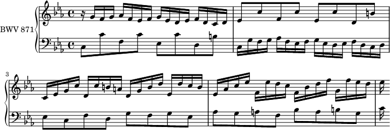 
\version "2.18.2"
\header {
  tagline = ##f
}

upper = \relative c'' {
  \clef treble 
  \key c \minor
  \time 4/4
  \tempo 4 = 84
  \set Staff.midiInstrument = #"harpsichord" 

   %% PRÉLUDE CBT II-2, BWV 871, ut mineur
   r16 g f g aes f ees f g ees d ees f d c d | ees8 c' f, c' ees, c' d, b' | 
   c,16 ees g c d, c' b a d, g b d ees, d' c b | ees, aes c ees f, ees' d c f, bes d f g, f' ees d ees
   
}

lower = \relative c {
  \clef bass 
  \key c \minor
  \time 4/4
  \set Staff.midiInstrument = #"harpsichord" 
    
   c8 c' f, c' ees, c' d, b'! | c,16 g' f g aes f ees f g ees d ees f d c d ees8 c f d g f g ees aes g a f bes a b g | c16
    
} 

\score {
  \new PianoStaff <<
    \set PianoStaff.instrumentName = #"BWV 871"
    \new Staff = "upper" \upper
    \new Staff = "lower" \lower
  >>
  \layout {
    \context {
      \Score
      \remove "Metronome_mark_engraver"
    }
  }
  \midi { }
}
