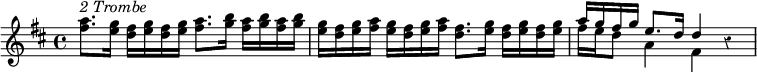 { \override Score.Rest #'style = #'classical \time 4/4 \key d \major \relative a'' { <a fis>8.^\markup { \italic "2 Trombe" } <g e>16 <fis d> <g e> <fis d> <g e> <a fis>8. <b g>16 <a fis> <b g> <a fis> <b g> | <g e> <fis d> <g e> <a fis> <g e> <fis d> <g e> <a fis> <fis d>8. <g e>16 <fis d> <g e> <fis d> <g e> | << { a16 g fis g e8. d16 d4 } \\ { fis16 e d8 a4 fis } >> r4 } }