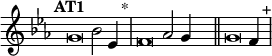 \language "français"
\relative { \key do \minor \tempo "AT1"   
            \set Score.tempoHideNote = ##t \tempo 4 = 200 \cadenzaOn
            \override Score.TimeSignature.stencil = ##f
            \override Score.SpacingSpanner.common-shortest-duration = #(ly:make-moment 1 2)
\tweak duration-log #-1 \tweak Stem.stencil ##f 
sol'2 sib2 mib,4 s4.^"*"\bar "|"
\tweak duration-log #-1 \tweak Stem.stencil ##f 
fa2 lab2 sol4 s4.\bar "||" 
\tweak duration-log #-1 \tweak Stem.stencil ##f 
sol2 fa4 s4.^"+"\bar "|"
\cadenzaOff }