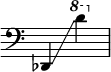 {    \override Score.SpacingSpanner.strict-note-spacing = ##t    \set Score.proportionalNotationDuration = #(ly:make-moment 1/8)    \override Score.TimeSignature #'stencil = ##f    \ относительно с {        \время 2/4        \ключ бас        \ottava #0 des,4 \glissando \ottava #1 d'''    }}