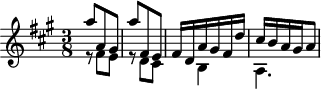 
\version "2.18.2"
\header {
  tagline = ##f
}

\score {
  \new Staff \with {

  }
<<
  \relative c'' {
  \key a \major
  \time 3/8

     %% INCIPIT K. DEEST la majeur Cary 703,12 — f° 12/13
     << { a'8 a, gis | a' fis, e } \\ { r8 fis8 e | r8 d8 cis } >> | << { fis16 d a' gis fis d' | cis b a gis a8 } \\ { s8 b,4 | a4. } >> | 

  }
>>
\layout{
    #(layout-set-staff-size 17)
     \context { \Score \remove "Metronome_mark_engraver" 
     \override SpacingSpanner.common-shortest-duration = #(ly:make-moment 1/2)
}
  }
  \midi {}
}
