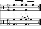 
{ \relative c' << \new Staff << \new voice { \clef percussion \time 2/4 \set Score.tempoHideNote = ##t \tempo 4 = 100 \stemDown \repeat volta 2 { g4 g } } \ yeni ses { \set Score.tempoHideNote = ##t \tempo 4 = 100 \time 2/4 \stemUp \repeat volta 2 { f'8.[ f16]^~ f8[ f8] } \bar ":|."  } >> \new Staff << \new voice { \clef percussion \time 2/4 \set Staff.timeSignatureFraction = 6/8 \scaleDurations 2/3 { \set Score.tempoHideNote = ##t \tempo 8 = 100 \ stemDown \tekrar volta 2 { g,4.  g } } } \new voice \relative c' { \time 2/4 \set Staff.timeSignatureFraction = 6/8 \scaleDurations 2/3 { \set Score.tempoHideNote = ##t \tempo 4 = 100 \stemUp \repeat volta 2 { f4 f8^~ f f4 } \bar ":|."  } } >> >> }
