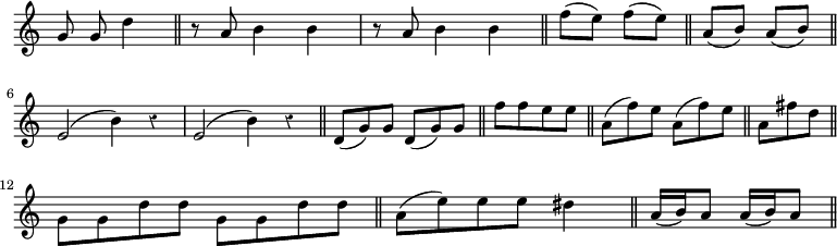 { \override Score.TimeSignature #'stencil = ##f \override Score.Rest #'style = #'classical \time 2/4 \relative g' { \autoBeamOff g8 g d'4 \bar "||"
 \time 3/4 r8 a b4 b | r8 a b4 b \bar "||"
 \time 2/4 f'8[( e]) f[( e]) \bar "||" 
 a,[( b]) a[( b]) \bar "||" \break
\time 4/4 e,2( b'4) r | e,2( b'4) r \bar "||"
 \autoBeamOn \time 6/8 d,8( g) g d( g) g \bar "||" 
\time 2/4 f'[ f e e] \bar "||" 
\time 6/8 a,( f') e a,( f') e \bar "||" 
\time 3/8 a, fis' d \bar "||" \break
 \time 4/4 g, g d' d g, g d' d \bar "||"
 \time 3/4 a( e') e e dis4 \bar "||"
 \time 2/4 a16( b) a8 a16( b) a8 \bar "||" } }