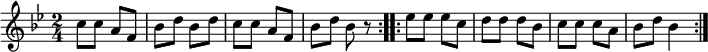 
\relative c'' {
 \key bes \major
 \time 2/4
 \repeat volta 2 {c8 c a f bes d bes d c c a f bes d bes r}
 \repeat volta 2 {es es es c d d d bes c c c a bes d bes4}
 }
