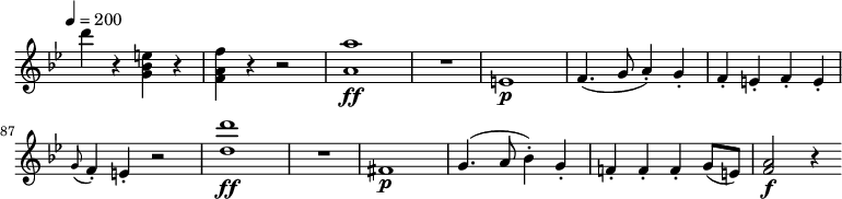 
 \version "2.18.2"
 \relative c'' {
 \key bes \major
 \time 2/2
 \tempo 4 = 200
 \omit Staff.TimeSignature
 \set Score.currentBarNumber = #80
 d'4 r <g,, bes e> r
 <f a f'> r r2
 <a a'>1\ff R1
 e1 \p
 f4. (g8 a4-.) g-.
 f-. e-. f-. e-.
 \grace g8 (f4-.) e-. r2
 <d' d'>1\ff R1
 fis,1\p
 g4. (a8 bes4-.) g-.
 f!-. f-. f-. g8 (e) <a f>2\f r4
}
