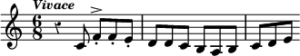 \relative c' { \override Score.Rest #'style = #'classical \tempo \markup \italic \small "Vivace" \time 6/8
  r4 c8 f-.^> f-. e-. | d d c b a b | c d e }