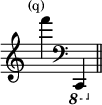 { \override Score.TimeSignature #'stencil = ##f \time 2/4 \tempo \markup { \smaller \medium "(q)" } f'''4 \clef bass \ottava #-1 c,, \bar "||" }