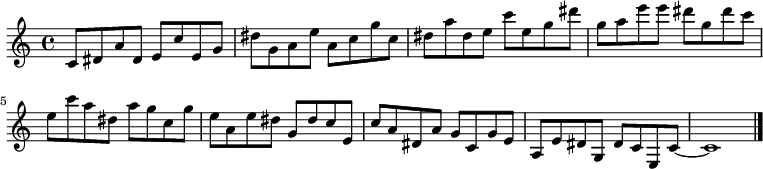 
{

\modalTranspose c c' { c dis e g a } { c8 dis a } 
\modalTranspose c dis' { c dis e g a } { c dis a } 
\modalTranspose c e' { c dis e g a } { c dis a } 
\modalTranspose c g' { c dis e g a } { c dis a } 
\modalTranspose c a' { c dis e g a } { c dis a } 
\modalTranspose c c'' { c dis e g a } { c dis a } 
\modalTranspose c dis'' { c dis e g a } { c dis a } 
\modalTranspose c e'' { c dis e g a } { c dis a } 
\modalTranspose c g'' { c dis e g a } { c dis a } 

\modalInversion c e''' { c dis e g a } { c dis a } 
\modalInversion c dis''' { c dis e g a } { c dis a } 
\modalInversion c c''' { c dis e g a } { c dis a } 
\modalInversion c a'' { c dis e g a } { c dis a } 
\modalInversion c g'' { c dis e g a } { c dis a } 
\modalInversion c e'' { c dis e g a } { c dis a } 
\modalInversion c dis'' { c dis e g a } { c dis a } 
\modalInversion c c'' { c dis e g a } { c dis a } 
\modalInversion c a' { c dis e g a } { c dis a } 
\modalInversion c g' { c dis e g a } { c dis a } 
\modalInversion c e' { c dis e g a } { c dis a } 
\modalInversion c dis' { c dis e g a } { c dis a } 

c'8~ c'1

\bar "|."
}
