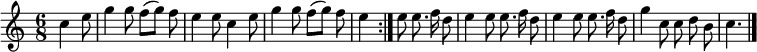 
\relative c'' {
  \time 6/8
  \partial 4.
  \autoBeamOff
  \repeat volta 2 {
    c e8
    g4 g8 f[( g]) f
    e4 e8 c4 e8
    g4 g8 f[( g]) f
    e4 %une croche de trop dans la mesure, je dépointe la noire.
  } e8 e8. f16 d8

  e4 e8 e8. f16 d8
  e4 e8 e8. f16 d8
  g4 c,8 c d b
  c4.
  \bar "|."
}
