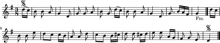 
\relative c'' {
  \key g \major
  \time 3/8
  \partial 8
  \autoBeamOff
  d16[(\segno c])
  b8 b a
  g4 d8
  g g a
  b g d'16[( c])
  b8 b a
  g4 d8
  g8. b16[ a fis] % une noire pointée remplit une mesure -> noire pointée -> croche pointée
  g4_"Fin." \bar "|." d'16[ c]

  b8 b e
  d[ c] c16[ b]
  a8 a d
  c[ b] b16[ cis]
  d8 d cis16[ d]
  e8 e a,16[ g]
  fis8 g e
  d4\segno
  \bar "|."
}
