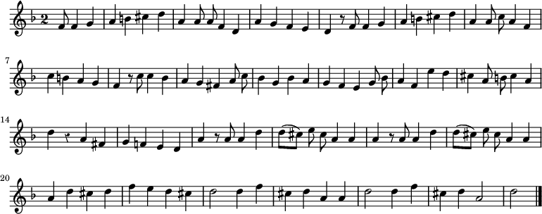 
\relative c' {
  \override Rest #'style = #'classical
  \key d \minor
  \override Staff.TimeSignature #'style = #'single-digit
  \time 2/2
  \partial 8*5
  \autoBeamOff
  f8 f4 g
  a b cis d
  a a8 a f4 d
  a' g f e
  d r8 f f4 g
  a b cis d

  a a8 c a4 f
  c' b a g
  f r8 c' c4 bes
  a g fis a8 c
  bes4 g bes a
  g f e g8 bes
  a4 f e' d

  cis a8 b cis4 a
  d r a fis
  g f! e d
  a' r8 a a4 d
  d8[( cis]) e cis a4 a
  a r8 a a4 d
  d8[( cis]) e cis a4 a

  a d cis d
  f e d cis
  d2 d4 f
  cis d a a
  d2 d4 f
  cis d a2
  d
  \bar "|."
}
