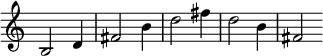 \relative b { \time 3/4 \override Score.TimeSignature #'stencil = ##f
  b2 d4 | fis2 b4 | d2 fis4 | d2 b4 | fis2 } 