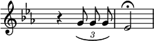 
\relative c''{
\override Staff.TimeSignature #'transparent = ##t
\autoBeamOff
\time 2/4 
\key ees \major
  r4 \tupletDown \tuplet 3/2 {\override TupletBracket.tuplet-slur = ##t  g8 g g} | ees2\fermata |
}
