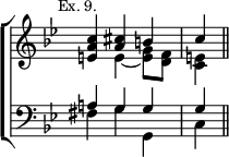 \new ChoirStaff << \override Score.TimeSignature #'stencil = ##f
  \new Staff \relative c'' { \key bes \major \time 3/4 \mark \markup \small "Ex. 9."
    <c a e>4 << { <a cis> b | c } \\ { e, ~ <e g>8 <d f> | <e c>4 } >> \bar "||" }
  \new Staff \relative a { \clef bass \key bes \major
    << { a!4 g g | g } \\ { fis g g, | c } >> } >>