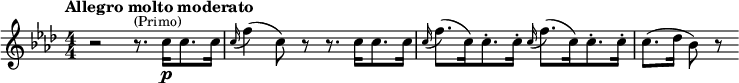  \relative c'' {\clef treble \key f \minor \numericTimeSignature \time 4/4 \tempo "Allegro molto moderato" r2 r8.^\markup {\smaller {(Primo)}} c16\p[ c8.c16] \appoggiatura c16 f4( c8) r8 r8. c16[ c8. c16] \appoggiatura c16 f8.[( c16) c8.-. c16-.] \appoggiatura c16 f8.[( c16) c8.-. c16-.] c8.( des16 bes8) r8}