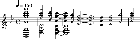 
{ \relative c'' {
 \key bes \major
 \tempo 4 = 150
 \set Staff.midiInstrument = "lead 2 (sawtooth)"
 <g'' d bes g bes, bes, bes,>1 << { <f c f,>2 <d a d,>4 <c g c,>~ <c g c,> <bes f bes,> <g d g,>2~ <g d g,>2. <f c f,>4 <g d g,>2 <bes bes,> <c a f c> } \\ { <f,, c f,>2. <ees bes ees,>4~ <ees bes ees,>1 } >>
 } } 