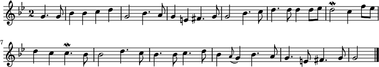 
\relative c'' {
  \key g \minor
  \override Staff.TimeSignature #'style = #'single-digit
  \time 2/2
  \partial 2
  g4. g8
  bes4 bes c d
  g,2 bes4. a8
  g4 e fis4. g8
  g2 bes4. c8
  d4. d8 d4 d8 ees
  d2\mordent c4 f8 ees

  d4 c c4.\mordent bes8
  bes2 d4. c8
  bes4. bes8 c4. d8
  bes4 \appoggiatura a8 g4 bes4. a8
  g4. e8 fis4. g8
  g2
  \bar "|."
}
