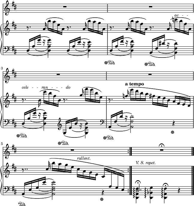 
sVarC = { << { \voiceOne d,16\sustainOff\sustainOn [a' g'] f\rest s4 } \new Voice { \voiceTwo \once \hide Stem d,4(d) } \new Voice { \voiceTwo s16 \once \hide Stem a'8(s16 a4) } \new Voice { \voiceTwo s8 \slurUp \once \hide Stem g'(g4) } >> 
<< { \voiceOne d,16[a' e'] d\rest s4 } \new Voice { \voiceTwo \once \hide Stem d,4(d) } \new Voice { \voiceTwo s16 \once \hide Stem a'8(s16 a4) } \new Voice { \voiceTwo s8 \slurUp \once \hide Stem e'(e4) } >> | 
<< { \voiceOne d,16\sustainOff\sustainOn[a' fis'] e\rest s4 } \new Voice { \voiceTwo \once \hide Stem d,4(d) } \new Voice { \voiceTwo s16 \once \hide Stem a'8(s16 a4) } \new Voice { \voiceTwo s8 \slurUp \once \hide Stem fis'(fis4) } >> 
<< { \voiceOne b,,16\sustainOff\sustainOn[fis' dis'] c\rest s4 } \new Voice { \voiceTwo \once \hide Stem b,4(b) } \new Voice { \voiceTwo s16 \once \hide Stem fis'8(s16 fis4) } \new Voice { \voiceTwo s8 \slurUp \once \hide Stem dis'(dis4) } >> | 
<< { \voiceOne d,16\sustainOff\sustainOn[b' g'] f\rest s4 } \new Voice { \voiceTwo \once \hide Stem d,4(d) } \new Voice { \voiceTwo s16 \once \hide Stem b'8(s16 b4) } \new Voice { \voiceTwo s8 \slurUp \once \hide Stem g'(g4) } >> \clef "violin"
<< { \voiceOne g,16\sustainOff\sustainOn[e' b'] a\rest s4 } \new Voice { \voiceTwo \once \hide Stem g,4(g) } \new Voice { \voiceTwo s16 \once \hide Stem e'8(s16 e4) } \new Voice { \voiceTwo s8 \slurUp \once \hide Stem b'(b4) } >> \clef "bass" | 
<< { \voiceOne a,,16\sustainOff\sustainOn[fis' d'] c\rest s2 } \new Voice { \voiceTwo \once \hide Stem a,4(a2) } \new Voice { \voiceTwo s16 \once \hide Stem fis'8(s16 fis2) } \new Voice { \voiceTwo s8 \slurUp \once \hide Stem d'(d2) } >> \oneVoice r4\sustainOff |
<< { \voiceOne a,16\sustainOn[e' g e'] s2 } \new Voice { \voiceTwo \once \hide Stem a,,4(a2) } \new Voice { \voiceTwo s16 \once \hide Stem e'8(s16 e2) } \new Voice { \voiceTwo s8 \once \hide Stem g(g2) } \new Voice { \voiceTwo s8. \slurUp \once \hide Stem e'16(e2) } >> \oneVoice b,4\rest\sustainOff | 
\stemDown <d, a' fis'>4\arpeggio <d bes' g'>\arpeggio <d a' fis'>\arpeggio\fermata r | }

sVarA = { R1*5 | }

sVarAk = { R1\fermata \bar "|." }

sVarB = { r8. a16( b'[a e a,]) r8. a16( b'[a g a,]) | 
r8. a16( b'[a fis a,]) r8. a16( c'^\markup { \small \italic "ac   -   - " } [b fis a,]) | 
r8.^\markup { \small \italic "cele   -   -   ran   -   -   -   do" } b16( cis'[b fis b,]) r8. \stemUp g'16( \stemNeutral fis'[e b e,]) | 
r8. \stemUp f16(^\markup { \bold "a tempo" } \stemDown e'[d b a] fis[e d b] \stemUp a[fis e d]) | 
r8.. cis'32( \stemDown b'16[a g e] cis^\markup { \small \italic "rallent." } [a g e] \stemUp cis[\change Staff="down" a g e]) | 
<< { \change Staff="down" d2.\fermata s4 } \new Voice {\change Staff="up" s1^\markup { \small \italic "V. S. repet." } } >> | }

\paper { #(set-paper-size "a4")
 oddHeaderMarkup = "" evenHeaderMarkup = "" }
\header { tagline = ##f }
\version "2.18.2"
\score {
\midi {  }
\layout { line-width = #160
\context { \PianoStaff \consists #Span_stem_engraver } indent = 0\cm}
<<
\new Staff { \clef "violin" \key d \major \time 4/4 \override Staff.TimeSignature #'transparent = ##t \autoBeamOff \relative f' { \repeat volta 4 { \sVarA } \sVarAk } }
\new PianoStaff <<
  \new Staff = "up" { \clef "violin" \key d \major \time 4/4 \override Staff.TimeSignature #'transparent = ##t \relative a' { \sVarB } }
  \new Staff = "down" { \clef "bass" \key d \major \time 4/4 \override Staff.TimeSignature #'transparent = ##t \relative d' { \sVarC } }
  >>
>> }