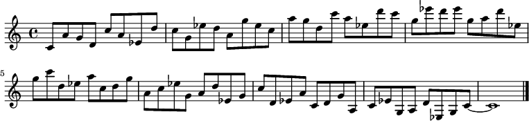 
{

\modalTranspose c c' { c d ees g a } { c8 a g } 
\modalTranspose c d' { c d ees g a } { c a g } 
\modalTranspose c ees' { c d ees g a } { c a g } 
\modalTranspose c g' { c d ees g a } { c a g } 
\modalTranspose c a' { c d ees g a } { c a g } 
\modalTranspose c c'' { c d ees g a } { c a g } 
\modalTranspose c d'' { c d ees g a } { c a g } 
\modalTranspose c ees'' { c d ees g a } { c a g } 
\modalTranspose c g'' { c d ees g a } { c a g } 

\modalInversion c ees''' { c d ees g a } { c a g } 
\modalInversion c d''' { c d ees g a } { c a g } 
\modalInversion c c''' { c d ees g a } { c a g } 
\modalInversion c a'' { c d ees g a } { c a g } 
\modalInversion c g'' { c d ees g a } { c a g } 
\modalInversion c ees'' { c d ees g a } { c a g } 
\modalInversion c d'' { c d ees g a } { c a g } 
\modalInversion c c'' { c d ees g a } { c a g } 
\modalInversion c a' { c d ees g a } { c a g } 
\modalInversion c g' { c d ees g a } { c a g } 
\modalInversion c ees' { c d ees g a } { c a g } 
\modalInversion c d' { c d ees g a } { c a g } 

c'~ c'1

\bar "|."
}
