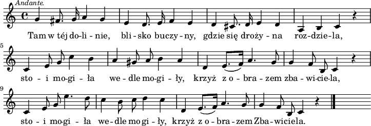 
lVarA = \lyricmode { Tam w_téj do -- li -- nie, bli -- sko bu -- czy -- ny, gdzie się dro -- ży -- na roz -- dzie -- la, sto -- i mo -- gi -- ła we -- dle mo -- gi -- ły, krzyż z_o -- bra -- zem zba -- wi -- cie -- la, sto -- i mo -- gi -- ła we -- dle mo -- gi -- ły, krzyż z_o -- bra -- zem Zba -- wi -- cie -- la. }

sVarA = { g4 fis8. g16 a4 g | e4 d8. e16 f4 e | d4 cis8. d16 e4 d | a b c r4
c4 e8 g c4 b | a gis8 a b4 a | d, e8. [(f16)] a4. g8 | g4 f8 b, c4 r4 | c4 e8 g e'4. d8 | c4 b8 c d4 c | d, e8. [(f16)] a4. g8 | g4 f8 b, c4 r4 \bar "|." s }

\paper { #(set-paper-size "a4")
 oddHeaderMarkup = "" evenHeaderMarkup = "" }
\header { tagline = ##f }
\version "2.18.2"
\score {
\midi {  }
\layout { line-width = #180
indent = 0\cm}
\relative e' {
\set Staff.midiInstrument = "flute" 
\key c \major
\time 4/4
\autoBeamOff
\mark \markup \italic \small { Andante. } \sVarA
}
\addlyrics { \lVarA } }