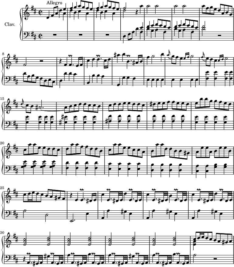 
\version "2.18.2"
\header {
  tagline = ##f
  % composer = "Domenico Scarlatti"
  % opus = "K. 312"
  % meter = "Allegro"
}

%% les petites notes
trillFisp      = { \tag #'print { fis4.\prall } \tag #'midi { g32 fis g fis~ fis4 } }
trillDp        = { \tag #'print { d4.\prall } \tag #'midi { e32 d e d~ d4 } }
trillBpDown    = { \tag #'print { b,4.\prall } \tag #'midi { cis32 b cis b~ b4 } }
aTrill         = { \tag #'print { a,8.\prall gis32 a } \tag #'midi { b32 a b a~ a16 gis32 a } }
eTrill         = { \tag #'print { e,8.\prall dis32 e } \tag #'midi { dis32 e dis e~ e16 dis32 e } }
trillEp        = { \tag #'print { e4.\prall } \tag #'midi { fis32 e fis e~ e4 } }

upper = \relative c'' {
  \clef treble 
  \key d \major
  \time 2/2
  \tempo 2 = 86
  \set Staff.midiInstrument = #"harpsichord"
  \override TupletBracket.bracket-visibility = ##f

      s8*0^\markup{Allegro}
      d,4 fis8 a d4 << { e4 } \\ { a,4 } >> \repeat unfold 2 { << { fis'4 g a8 g fis e } \\ { d4 b cis a } >> } |  << { fis'2 } \\ { d2 } >> r4 a'4 | \repeat unfold 4 { a2 }|
      % ms. 7
      a8 fis g e d a b g | fis2 r2 | r4 fis4 \trillFisp e16 fis | cis'4 d \trillDp cis16 d |
      % ms. 11
      ais'4 b \trillBpDown ais16 b | fis'4 g2 b4 | \appoggiatura a16 g8 fis e4 \grace {  \tempo 2 = 60 e16 fis }  \tempo 2 = 86 g2 | \appoggiatura fis16 e8 d cis4 \grace {  \tempo 2 = 60 cis16 d }  \tempo 2 = 86 e2 | \appoggiatura d16 cis8 b ais2.~ 
      % ms. 16
      ais8 b cis d d cis cis b | cis d d e e d d cis | dis e e fis fis e e dis | e b' b g g fis e d | cis a' a e e d d cis |
      % ms. 21
      d8 a' a fis fis d d b | cis a' a e e cis cis a | b a' a d, d b b gis | a e' e a, b e e b |
      % ms. 25
      cis8 d16 e d8 cis b a gis fis | r4 e4 \trillEp dis16 e | cis'4 \eTrill d'4 \eTrill | cis'4 \eTrill b'4 \eTrill |
      % ms. 29
      cis'4 \eTrill d'4 \eTrill | \repeat unfold 4 { < e a cis >2 < e b' d > }
      % ms. 34
      << { cis'8 d16 e d8 cis b a gis a } \\ { < e a >4 } >>

}

lower = \relative c' {
  \clef bass
  \key d \major
  \time 2/2
  \set Staff.midiInstrument = #"harpsichord"
  \override TupletBracket.bracket-visibility = ##f

    % ************************************** \appoggiatura a16  \repeat unfold 2 {  } \times 2/3 { }   \omit TupletNumber 
      R1*3 | d,4 fis8 a d4  << { e4 } \\ { a,4 } >> \repeat unfold 2 { << { fis'4 g a8 g fis e } \\ { d4 b cis a } >> }
      % ms. 4
      << { fis'2 } \\ { d2 } >> r2 | d8 a b g fis d e cis | d4 d' d cis | b, b' b a |
      % ms. 11
      g,4 g' g fis | \repeat unfold 8 { e4 } | \repeat unfold 4 { < fis e' >4 } | \repeat unfold 4 { < g e' >4 } | 
      % ms. 16
      \repeat unfold 4 { < gis eis' >4 } | \repeat unfold 4 { < ais fis' >4 } | \repeat unfold 4 { < a fis' >4 } | \repeat unfold 4 { < g e' >4 } | \repeat unfold 4 { < g a e' >4 } | 
      % ms. 21
      \repeat unfold 4 { < fis d' >4 } | \repeat unfold 4 { < e cis' >4 } | \repeat unfold 4 { < d b' >4 } | < cis a' >4 q < g' b > q
      % ms. 25
      a2 d, | e,2. e'4 | \repeat unfold 3 { a, a' gis e } |
      % ms. 30
      r4 \aTrill gis'4 \aTrill | a'4 \aTrill b'4 \aTrill | a'4 \aTrill gis'4 \aTrill |
      % ms. 33
      a'4 \aTrill b'4 \aTrill | a'2 r2

}

thePianoStaff = \new PianoStaff <<
    \set PianoStaff.instrumentName = #"Clav."
    \new Staff = "upper" \upper
    \new Staff = "lower" \lower
  >>

\score {
  \keepWithTag #'print \thePianoStaff
  \layout {
      #(layout-set-staff-size 17)
    \context {
      \Score
     \override SpacingSpanner.common-shortest-duration = #(ly:make-moment 1/2)
      \remove "Metronome_mark_engraver"
    }
  }
}

\score {
  \keepWithTag #'midi \thePianoStaff
  \midi { }
}
