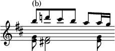 { \override Score.TimeSignature #'stencil = ##f \key d \major \relative b'' << { b8 d! cis b a a16 g } \\ { <g, e>8^"(b)" <fis dis>2 <g e>8 } >> }