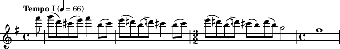 
  \relative c''' { \clef treble \key e \minor \time 4/4 \tempo "Tempo I" 4 = 66 \partial 8*1 fis8 g( d) cis( e) fis4 b,8( cis) e( dis) b( d) cis4 b8( cis) \time 3/2 e( dis) b( d) cis( b) d( b) g2 \time 4/4 fis1 }
