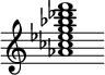 {
  % Rivin lopun pystyviiva ja tahtiosoitus piiloon.
  \override Score.BarLine.break-visibility = ##(#f #t #t)
  \override Staff.TimeSignature #'stencil = ##f
  
  <aes' ces'' ees'' g'' bes'' des''' f'''>1
}
