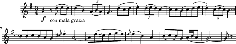 
\header {
 tagline = ##f
}

\score {
 \new Staff \with {

 }
<<
 \relative c'' {
 \key g \major
 \time 3/4
 \tempo 4 = 170
 \override TupletBracket #'bracket-visibility = ##f 
 \set Staff.midiInstrument = #"cello"
 %\autoBeamOff

 %%%%%%%%%%%%%%%%%%%%%%%%%% La Musica Notturna delle strade di Madrid
 r4\f r8_"con mala grazia" d8( e[ d]) d4( b) \times 2/3 { a8( b a) }
 g4. d'8( c d e4-.) \times 2/3 { d8( e d) } c4~ c8 c b( c) d( e d4-.) \times 2/3 { c8( d c) } b4~ b8 b c b a g \grace cis8 d4-. a2~ a8 d( cis d e d ) \grace d8 d4( b) a b8( c b) g a16( b a8 g2.~) g8 r8

 }
>>
 \layout {
 \context { \Score \remove "Metronome_mark_engraver" }
 }
 \midi {}
}
