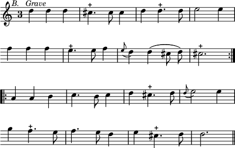 
\language "italiano"
\defineBarLine "z" #'(":|." ".|:" "")
\score {
  \relative do'' {
    \override Staff.TimeSignature.style = #'single-digit
    \time 3/4
    \autoBeamOff
    re4^\markup {\hspace #-5 { \italic "B." }} re^\markup {\hspace #-6 { \italic "Grave" } } re | dod4.-+ dod8 dod4 | re re4.-+ re8 | mi2 mi4 | \break
    \override Score.Clef.break-visibility = ##(#f #f #f)
    \override Score.KeySignature.break-visibility = ##(#f #f #f)
    fa fa fa | mi4.-+ mi8 fa4 | \appoggiatura mi8 re4 re( dod8 re) | dod2.-+ \bar "z" \break
    la4 la si | do4. si8 do4 | re dod4.-+ re8 | \appoggiatura re8 mi2 mi4 | \break
    sol fa4.-+ mi8 | fa4. mi8 re4 | mi dod4.-+ re8 | re2. \bar "||"
 }
  \layout {
    \context { \Staff 
               \RemoveEmptyStaves 
             }
    indent = 0\cm
    line-width = #120
    \override Score.BarNumber #'stencil = ##f
  }
  \midi { }
}
\header { tagline = ##f}
