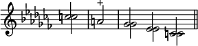 
\relative c'' {
  \key ces \major
  \override Score.TimeSignature #'stencil = ##f
  \cadenzaOn \stemUp
  <<{c2}\\{\once \override NoteColumn #'force-hshift = #1 c2}>>
  \bar "|"
  a^"+"
  \bar "|"
  <<{ges2}\\{\once \override NoteColumn #'force-hshift = #1 ges2}>>
  <<{es2}\\{\once \override NoteColumn #'force-hshift = #1 es2}>>
  <<{c2}\\{\once \override NoteColumn #'force-hshift = #1 c2}>>
  \bar "||"
}
