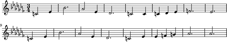  {\tempo 4 = 120 \numericTimeSignature \time 3/4 
\set Score.tempoHideNote = ##t 
{\key aes \minor
c'2 ees'4 bes'2. aes'2 ees'4 des'2. c'2 c'4 c' des' ees' f'2. ees' \break
c'2 ees'4 bes'2. aes'2 ees'4 des'2. c'2 ees'4 ees' f' g' aes'2. aes'
}}