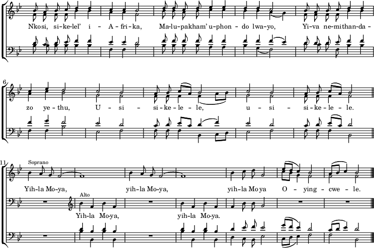 
\new ChoirStaff
<<
 \new Staff \with { midiInstrument="choir aahs" \magnifyStaff #5/7 } 
 \relative bes {
 \overrideProperty Score.NonMusicalPaperColumn.line-break-system-details #'((Y-offset . 10))
 \override Staff.TimeSignature.color = #white
 \override Staff.TimeSignature.layer = #-1
 \set Score.tempoHideNote = ##t
 \clef treble
 \tempo 4 = 80
 \key bes \major << {
 \voiceOne \autoBeamOff bes'8 a bes c d4 d c c bes2 d8 d c d es4 es d d c2 bes8 a bes c d4 d \break c es d2 c bes a8 bes \autoBeamOn c(a) bes2 c bes \autoBeamOff a8 bes \autoBeamOn c(a) bes2 \bar "||" \break \overrideProperty Score.NonMusicalPaperColumn.line-break-system-details #'((Y-offset . 57)) \stemNeutral bes4 ^Soprano \autoBeamOff a8 g f2 ~ f1 bes4 a8 g f2 ~ f1 bes4 c8 d g,2 \autoBeamOn \stemUp es'8(d c4) bes2 a8(bes c4) \tempo 4 = 50 bes2 \bar "|."
 } \new Voice {
 \voiceTwo \autoBeamOff f8 f f f bes4 bes a a f2 bes8 bes a bes c4 c bes bes a(g) f8 f f f bes4 bes a c bes2 g f f8 f f4 \autoBeamOn f(a8 bes) g2 f \autoBeamOff f8 f f4 f2 s1 * 5 \autoBeamOn c'8 bes g4 f2 f f
 }
 >>
 }
 \addlyrics { \override LyricText.font-size = #-1
 Nko -- si, si -- ke -- lel’ i -- A -- fri -- ka,
 Ma -- lu -- pa -- kham’ u -- phon -- do lwa -- yo,
 Yi -- va ne -- mi -- than -- da -- zo ye -- thu,
 U -- si -- si -- ke -- le -- le, u -- si -- si -- ke -- le -- le.
 Yih -- la Mo -- ya, yih -- la Mo -- ya,
 yih -- la Mo -- ya O -- ying -- cwe -- le.
 }
 \new Staff \with { midiInstrument="choir aahs" \magnifyStaff #5/7 }
 \relative bes, {
 \override Staff.TimeSignature.color = #white
 \override Staff.TimeSignature.layer = #-1
 \clef bass
 \key bes \major << {
 \voiceOne \autoBeamOff d'8 c d es f4 f es es d2 f8 f f f f4 f f f f(es) d8 d d es f4 f f g f2 es d c8 d \autoBeamOn es c \autoBeamOff d4(f) es2 d c8 d \autoBeamOn es(c) \autoBeamOff d2 \override MultiMeasureRest.staff-position = #0 R1 \clef treble ^Alto \stemNeutral bes'4 f bes f R1 bes4 f bes f f \autoBeamOff bes8 bes g2 R1 R
 } \new Voice {
 \voiceTwo \autoBeamOff bes,8 bes bes bes bes4 bes f f bes2 bes8 bes bes bes a4 a bes g(f2) d'8 c d f, bes4 bes f f bes2 es, f f8 f f4 bes, \autoBeamOn c8 d \autoBeamOff es2 f f8 f f4 bes,2
 }
 >>
 }
 \addlyrics { \override LyricText.font-size = #-1
 _ _ _ _ _ _ _ _ _ _ _ _ _ _ _ _ _ _ _ _ _ _ _ _ _ _ _ _ _ _ _ _ _ _ _ _ _ _ _ _
 Yih -- la Mo -- ya, yih -- la Mo -- ya.
 }
 \new Staff \with { midiInstrument="choir aahs" \magnifyStaff #5/7 }
 \relative bes,
 {
 \override Staff.TimeSignature.color = #white
 \override Staff.TimeSignature.layer = #-1
 \clef bass
 \key bes \major 
 \stopStaff
 \override Staff.Clef.color = #white
 \override Staff.Clef.layer = #-1
 \override Staff.KeySignature.color = #white
 \override Staff.KeySignature.layer = #-1
 \override Staff.BarLine.color = #white
 \override Staff.BarLine.layer = #-1
 \skip1 * 10
 \startStaff
 \override Staff.Clef.color = #black
 \override Staff.Clef.layer = #0
 \override Staff.KeySignature.color = #black
 \override Staff.KeySignature.layer = #0
 R1
 \override Staff.BarLine.color = #black
 \override Staff.BarLine.layer = #0 << {
 \voiceOne d'4 bes d bes \override MultiMeasureRest.staff-position = #0 R1 d4 bes d bes \autoBeamOff d4 es8 f es2 \autoBeamOn g8(f es4) d2 c8(d es4) d2
 } \new Voice {
 \voiceTwo bes4 bes, bes' bes, s1 bes'4 bes, bes' bes, \autoBeamOff d c8 bes es2 \autoBeamOn c8(d es4) f2 f bes,
 }
 >>
 }
>>
