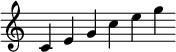 { \override Score.TimeSignature #'stencil = ##f \cadenzaOn \relative c' { c4 e g c e g } }